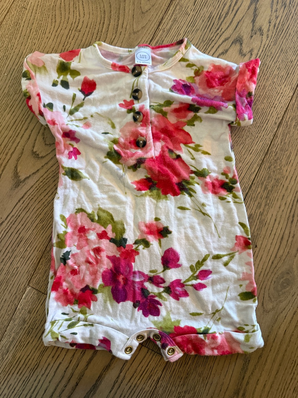 Lou Lou 6-12 month Floral Pink & Green Cozy Button Romper